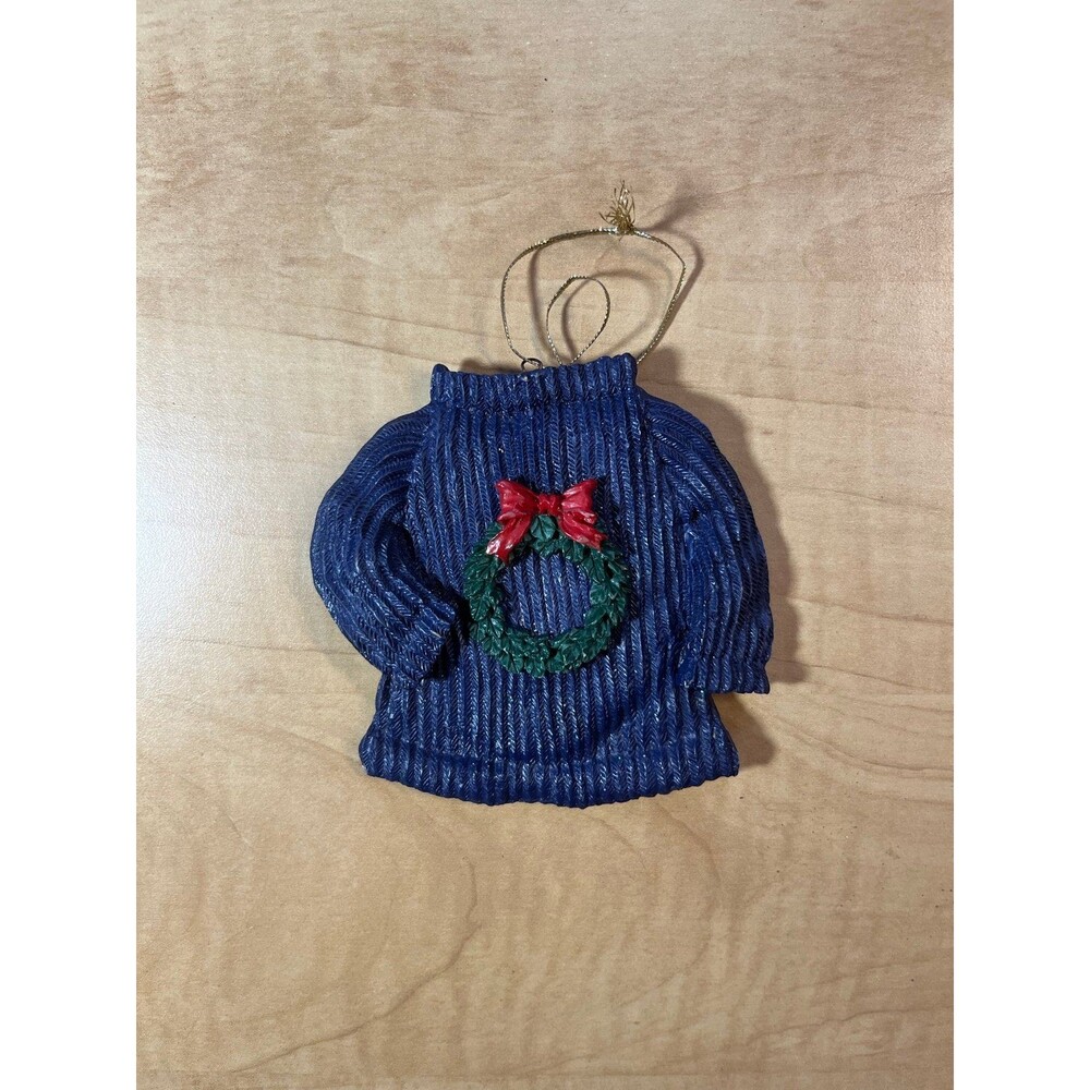 Blue Knit Sweater With Wreath Christmas Ornament